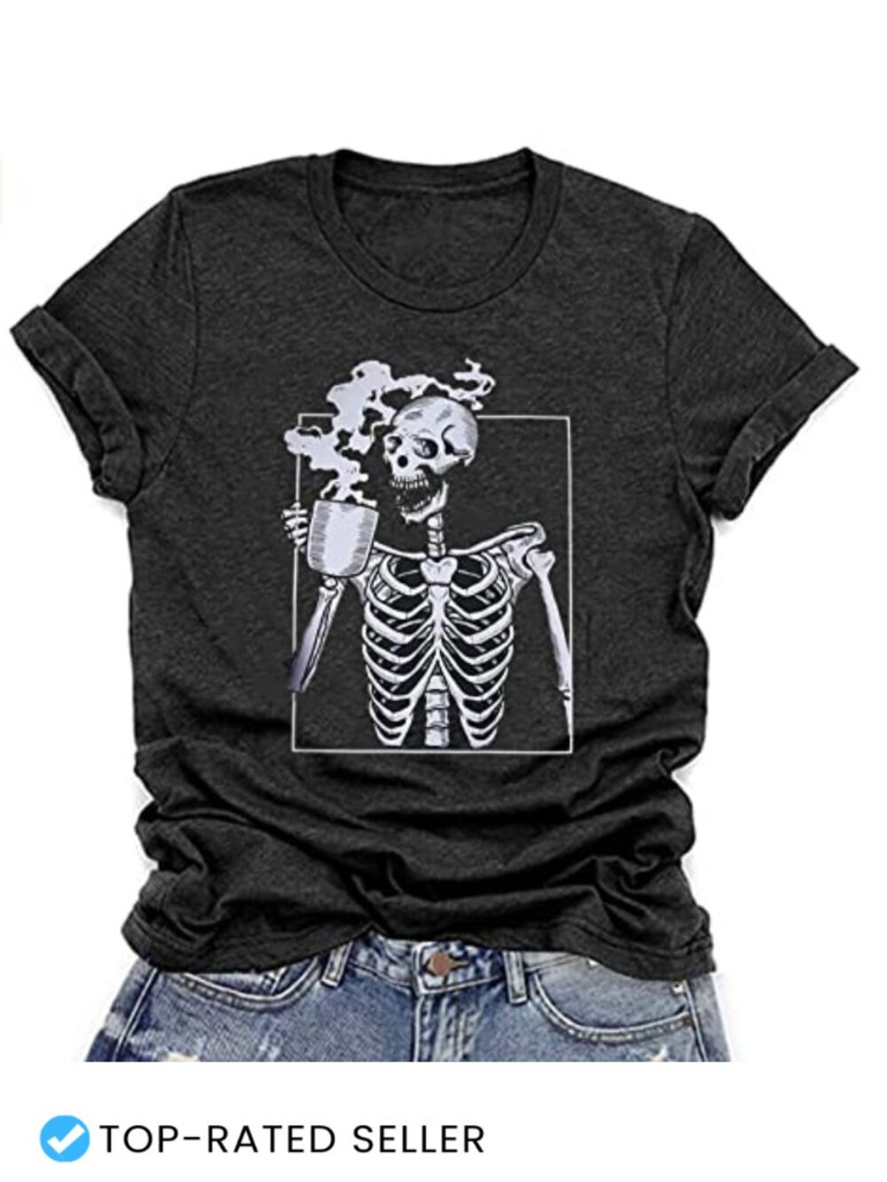 Funny Skeleton Coffee T-Shirt Halloween Graphic Tee Cotton Blend Short Sleeve